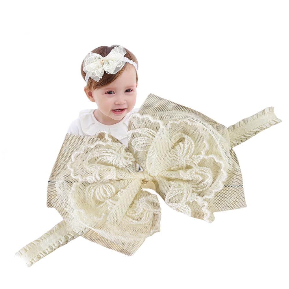 Rannyrena Lace Flower Bow Baby Girls Headband Pink Knot Infant Wrap Soft Chiffon Elastic Baby Turban Hair Band for Newborn Infant Toddler Kids (Ivory