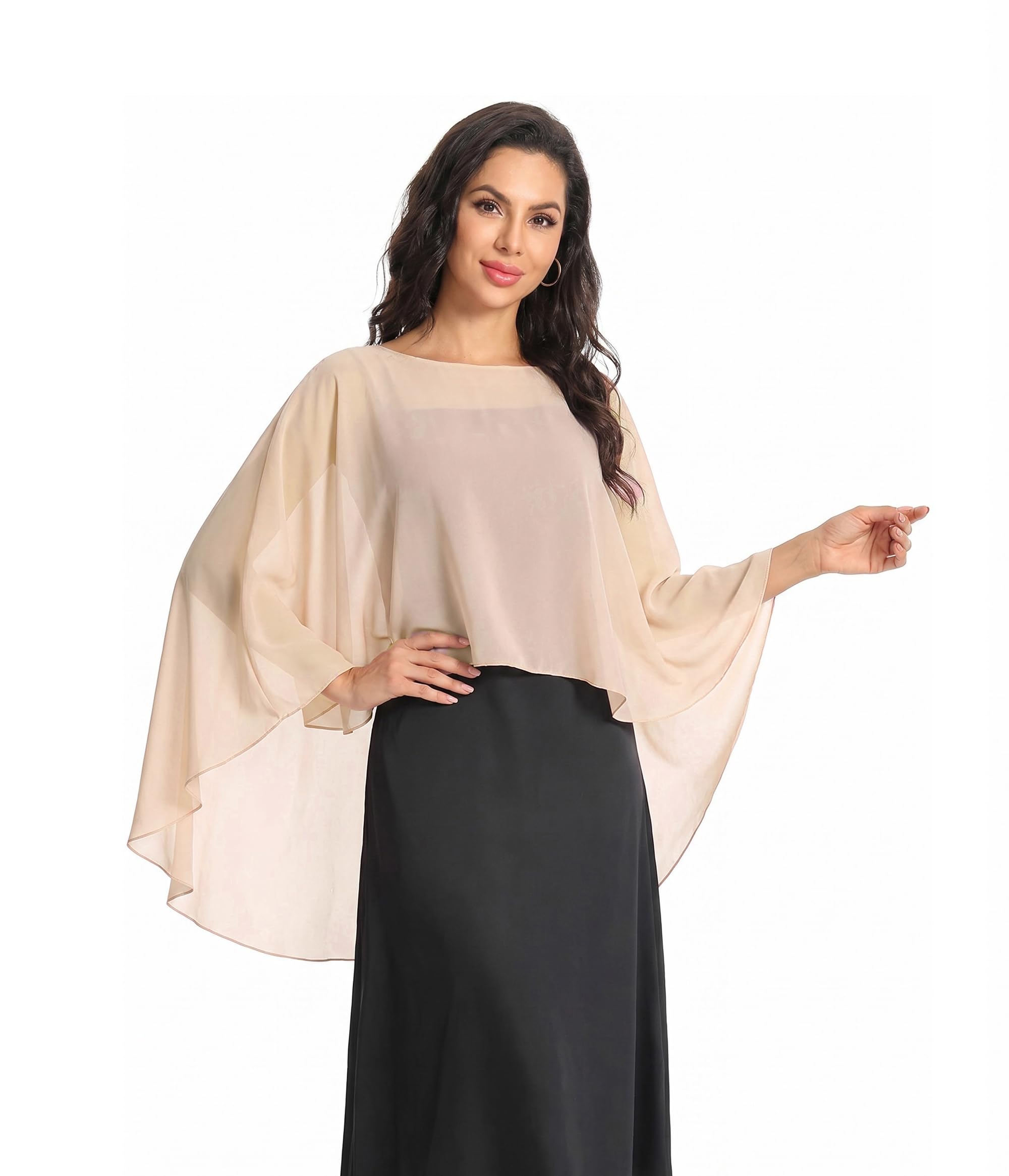 Baoqiya Chiffon Capes Sheer Capelets Long Cape Poncho For Women Plus Size, Champagne, One size