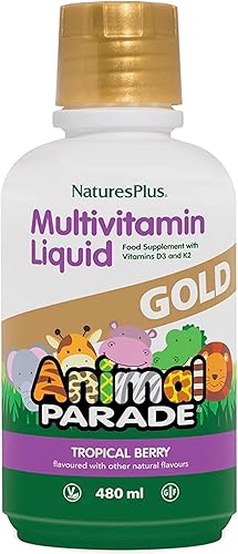 NaturesPlus Animal Parade Gold - Multivitamínico líquido para niños, 16 onzas líquidas, sabor natural de bayas tropicales, suplemento de apoyo