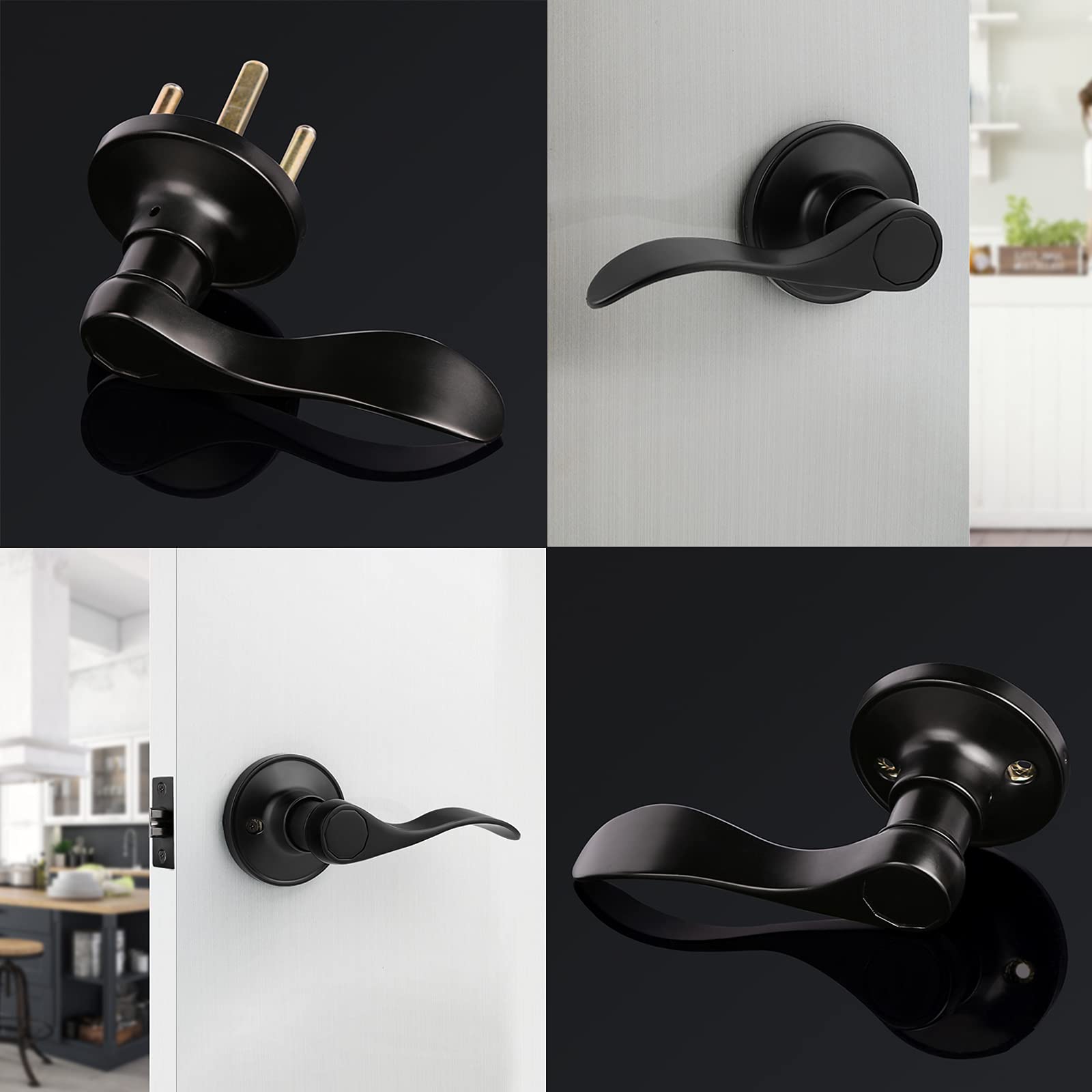 Gobrico Passage Levers in Matte Black,Interior Door Locks Handles for Hall and Closet, 2Pack
