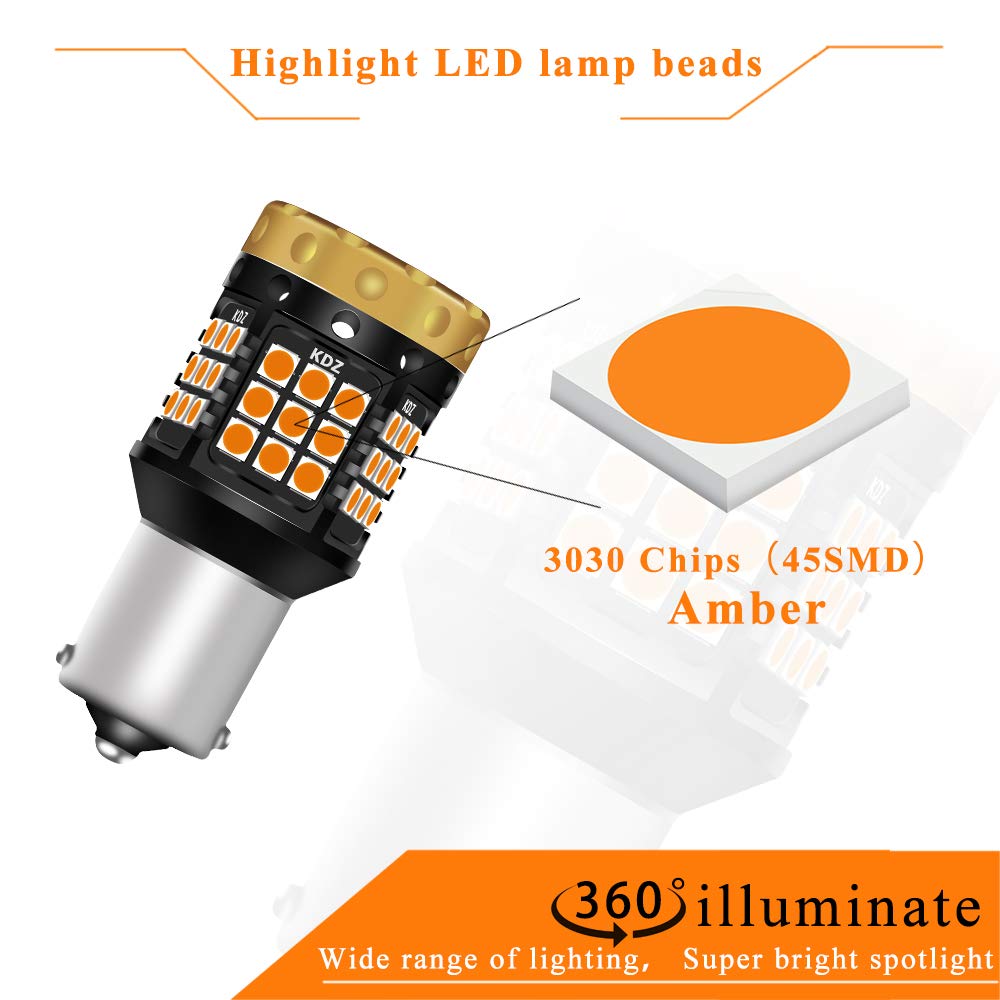 Żarówki kierunkowskazów, brak hiperbłysku 1850lumenów 45SMD 1156 BA15S 7506 P21W Canbus bezbłędne żarówki LED przednie i tylne kierunkowskazy bursztynowe żółte opakowanie 4 szt.