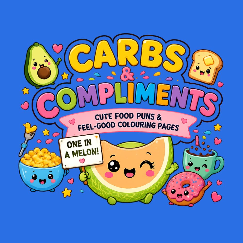 Carbs & Compliments: Cute Food Puns & Feel-Good Coloring Pages for Stress Relief and Positive Vibes