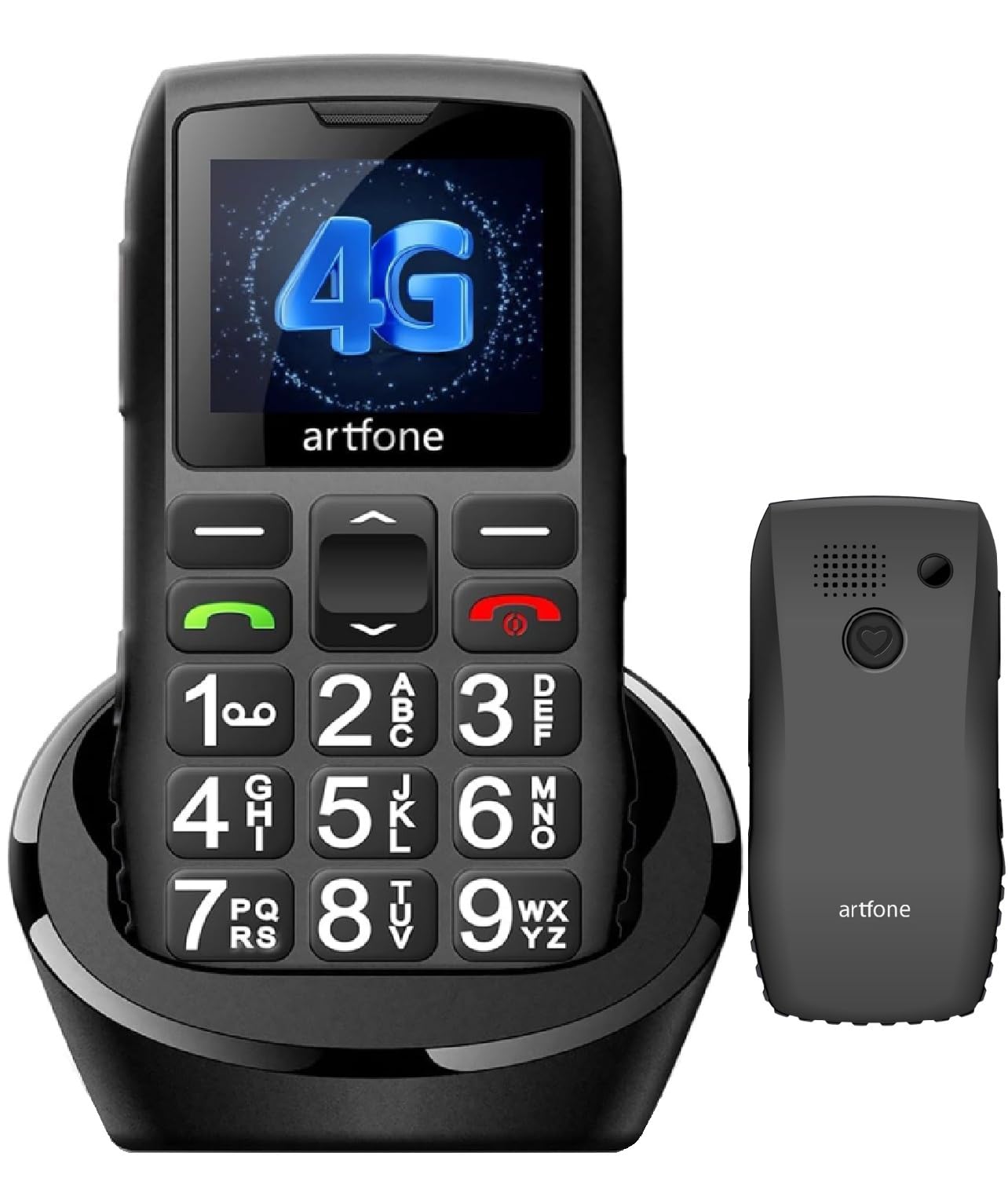 artfone C1+4G Pro Nero - Telefono Cellulare per Anziani con Tasti Grandi丨Funzione SOS丨Chiamata Rapida丨Base di Ricarica丨Funzione di orario丨Batteria da 1800 mAh丨LTE Cellulare per anziani丨Radio丨USB - C