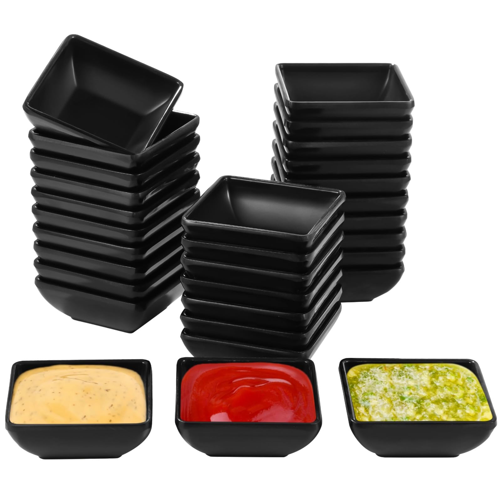 YOFAPA 30 PCS Square Dipping Sauce Bowls, No Tipping Over Sauce Dish, 2.3 oz Black Melamine Condiment Saucer for Family Gatherings and Catering
