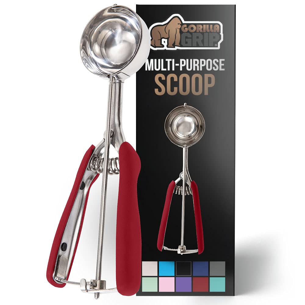 GORILLA GRIP Stainless Steel Cookie Scoop for Baking, 3 TBSP, Multipurpose Melon Baller, Meatball Spring Scoops, Perfect Portion Sizes, Easy Food Release, Scooper Size 20, BPA-Free Kitchen Tool, Red