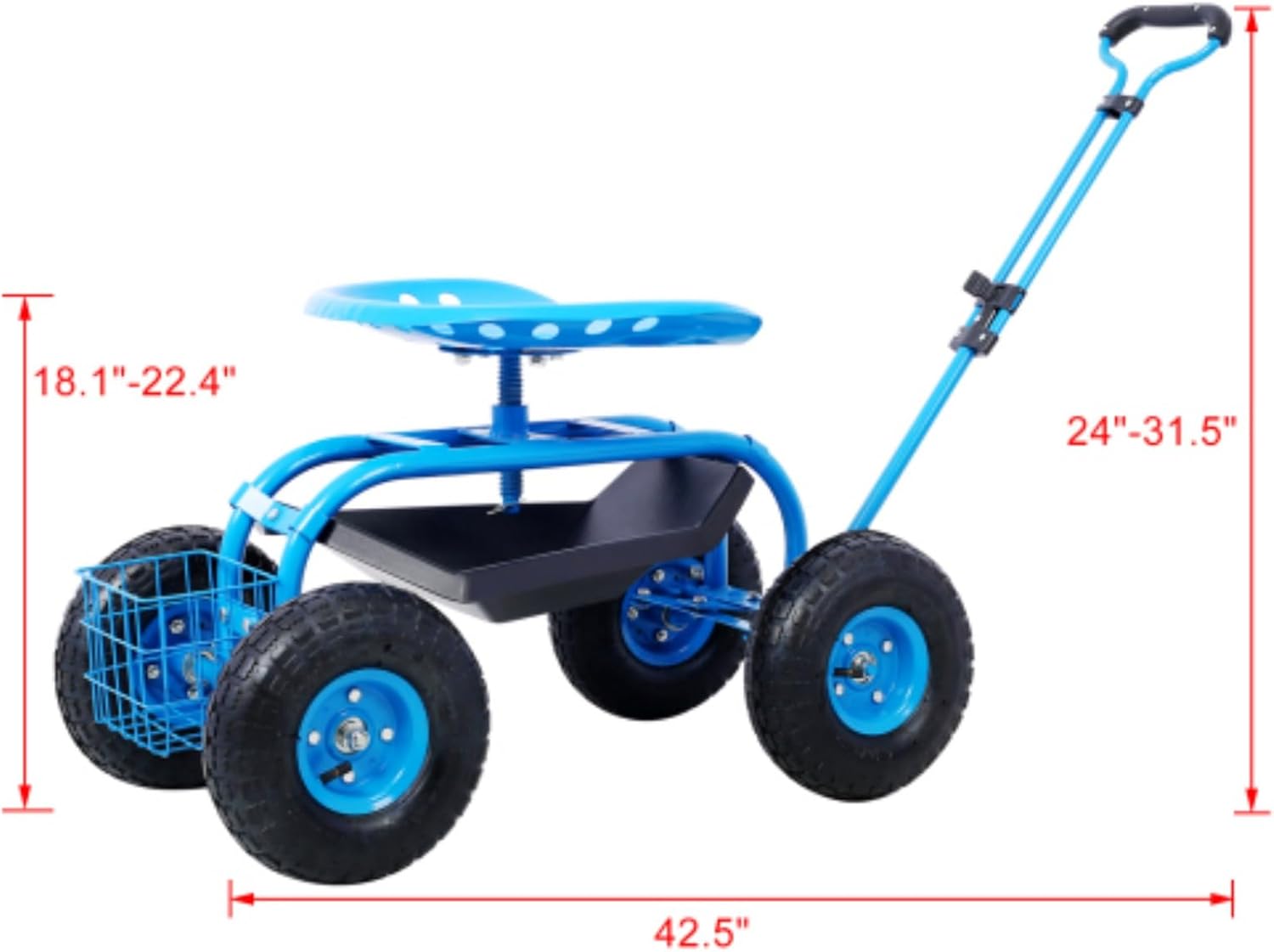 Garden Cart, Yard Transporter, Rolling Garden Scooter with Wheels and Tool Tray, 360 Degree Swivel Seat, Steel Frame, 4 Large Wheels, Blue