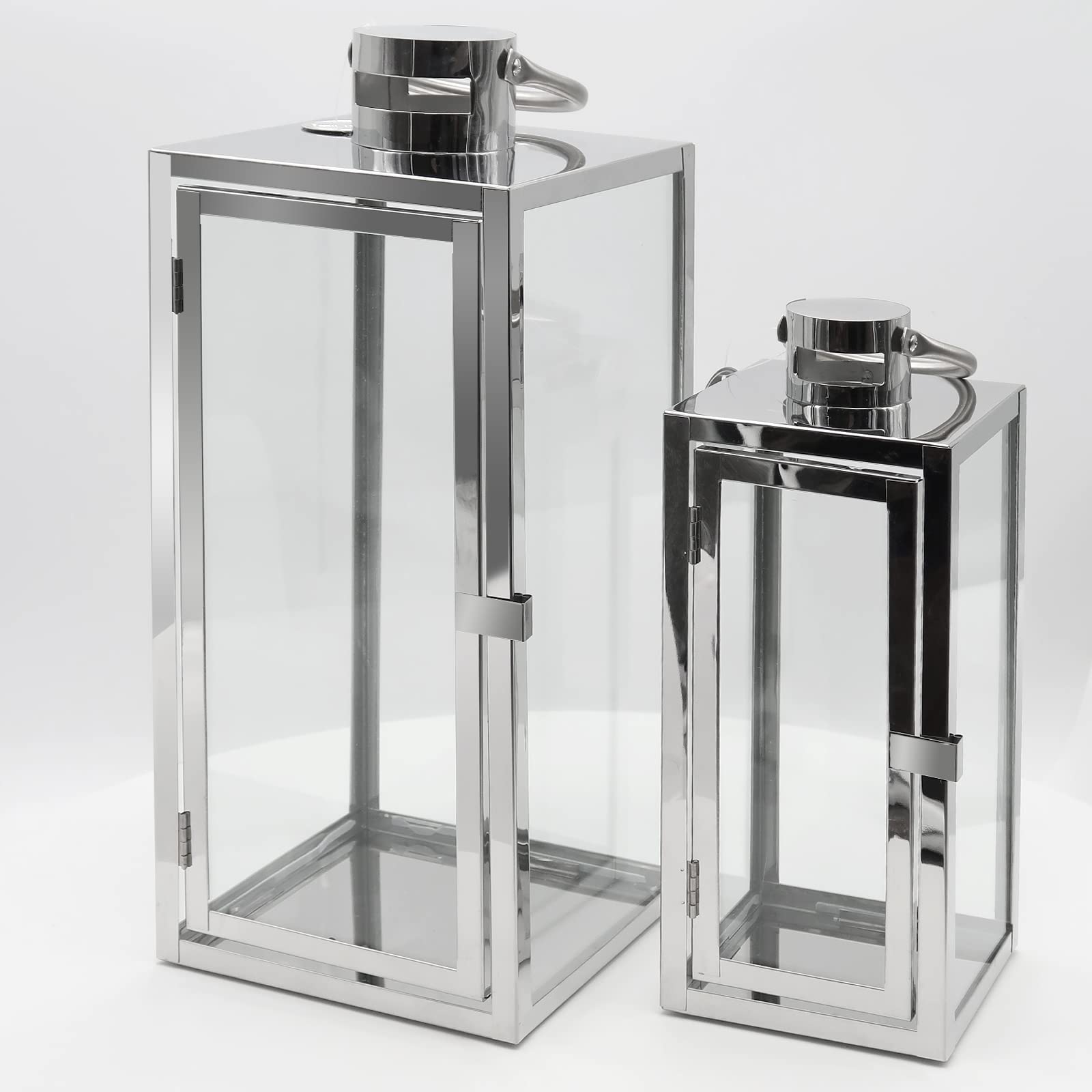 Dekovita 30cm+42cm Farol de Acero - Linterna de Jardín con Ventana de Cristal y Asa - Farol de Metal Deco Vela Lámpara