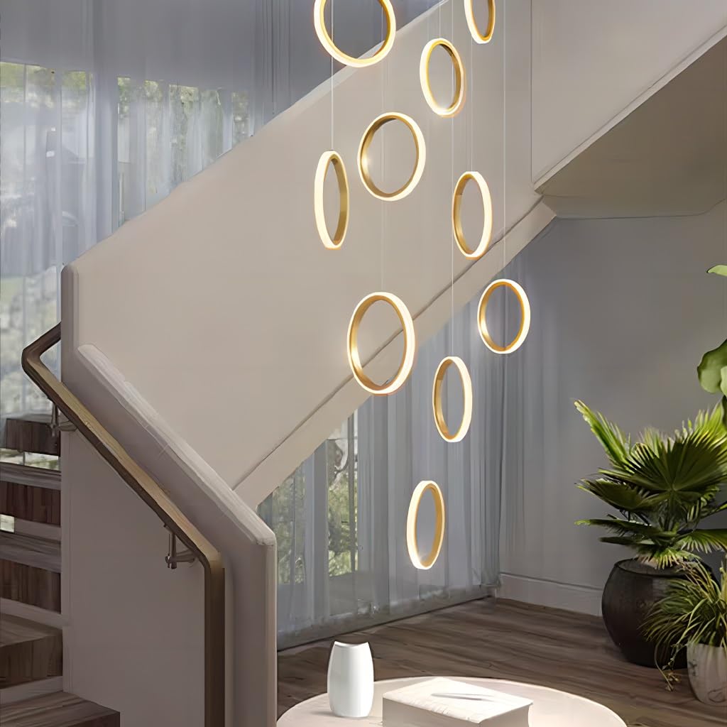 Nowoczesny żyrandol LED Duży żyrandol do przedpokoju 15 pierścieni Pierścień aluminiowy Ściemnialna wysoka lampa wisząca sufitowa z pilotem Regulowana sufitowe wiszące do salonu na klatce sch