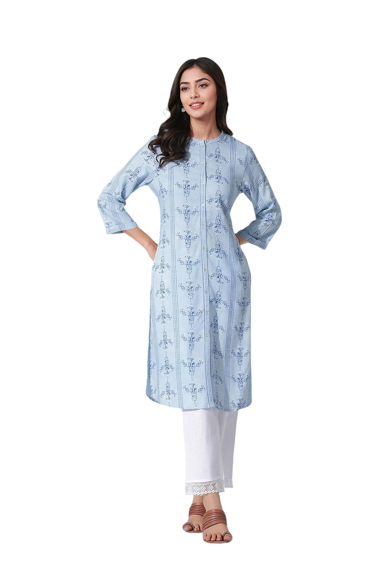 Blue Geometric Print Shirt Kurta and Straight Pants Set-image-1