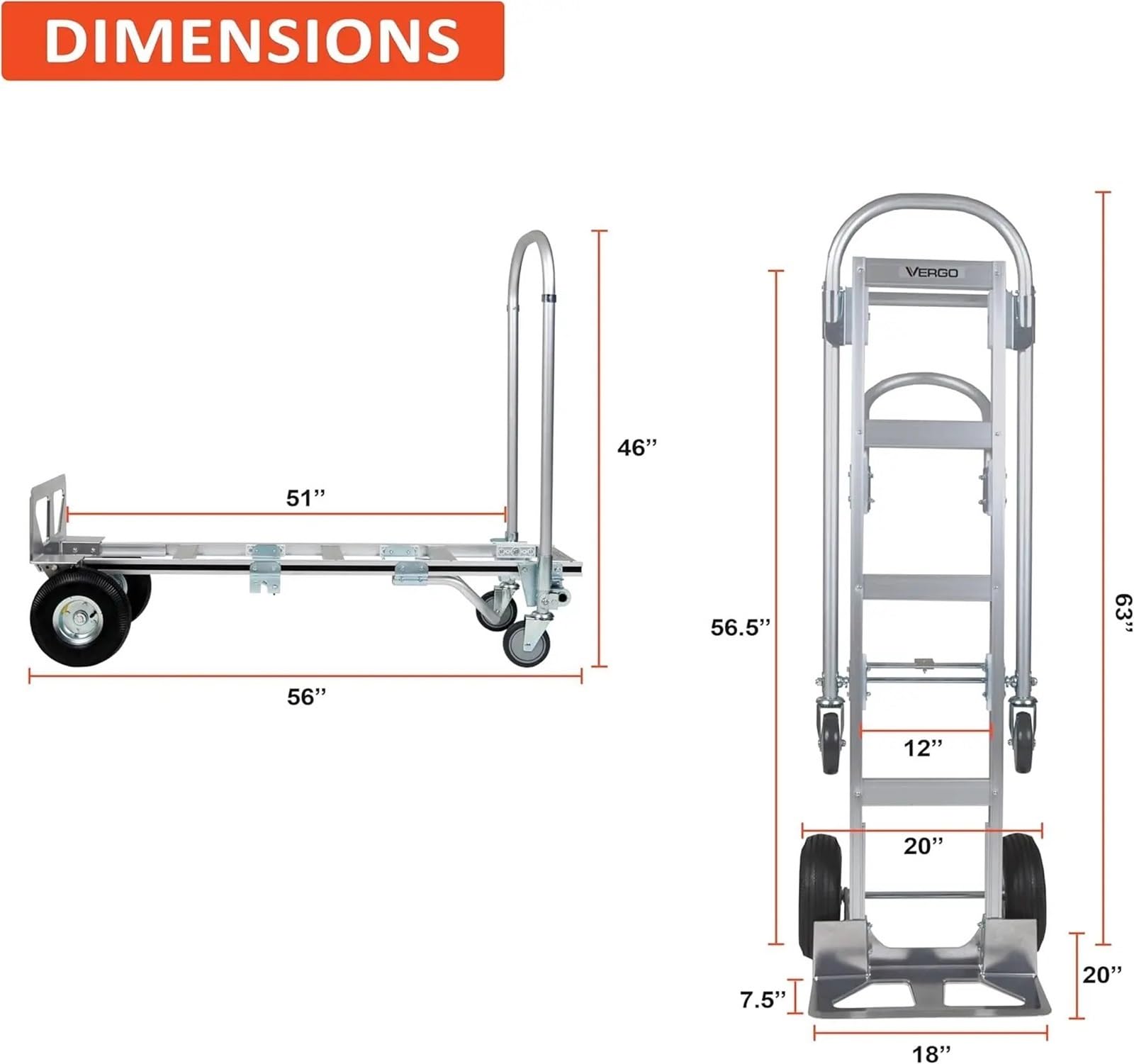 Trolleys Chariots de manutention Diable Industriel Convertible en Aluminium 2 en 1, Chariot (capacité 800 LB), Cadre léger renforcé