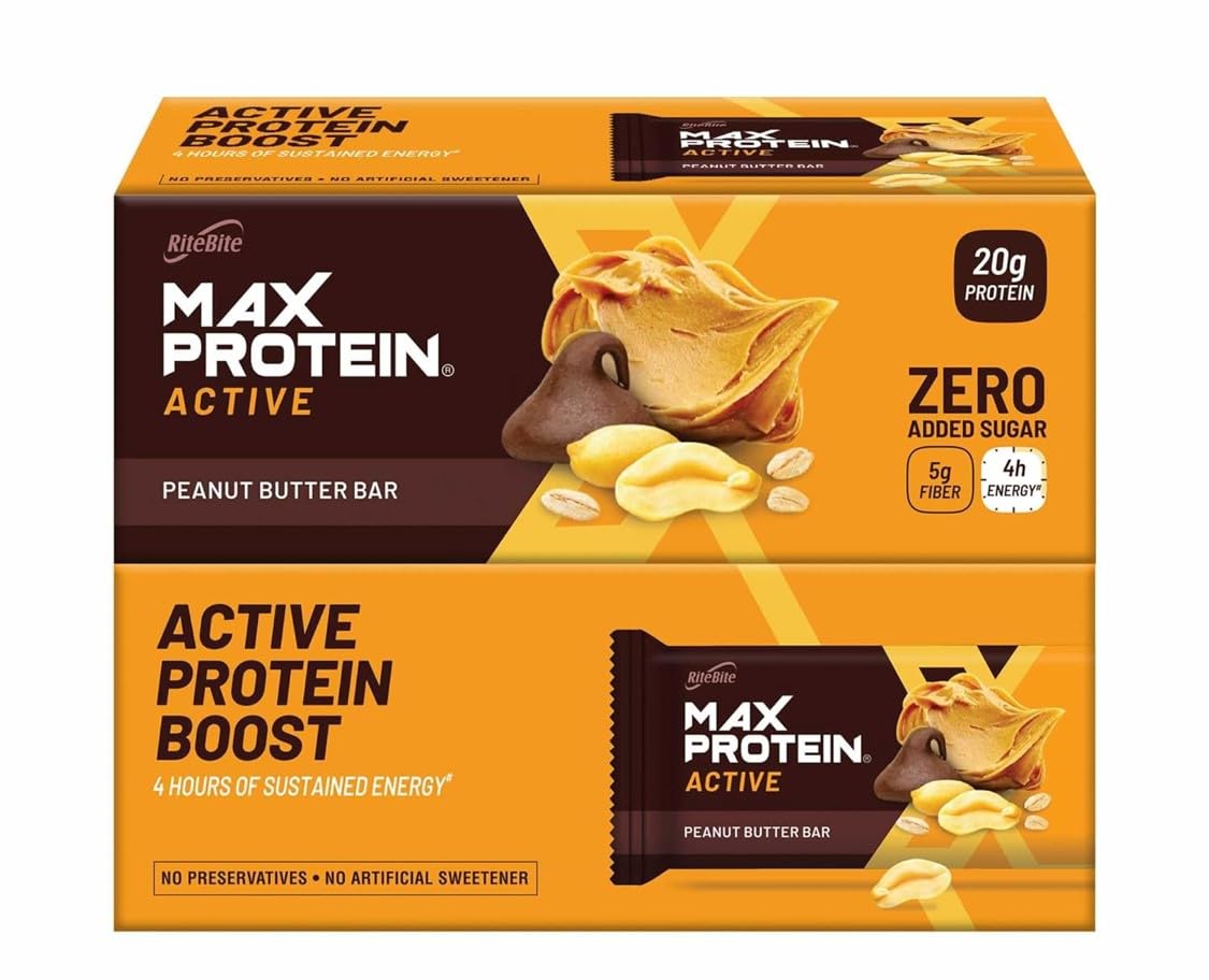 RiteBite Max Protein Active Peanut Butter Protein Bars with 20g Protein, 5g Fiber & 21 Vit. & Minerals | 0 Added Sugar, No Cholesterol & Trans Fat For Upto 4h of Energy, Healthy Snack, 70g (Pack of 12)