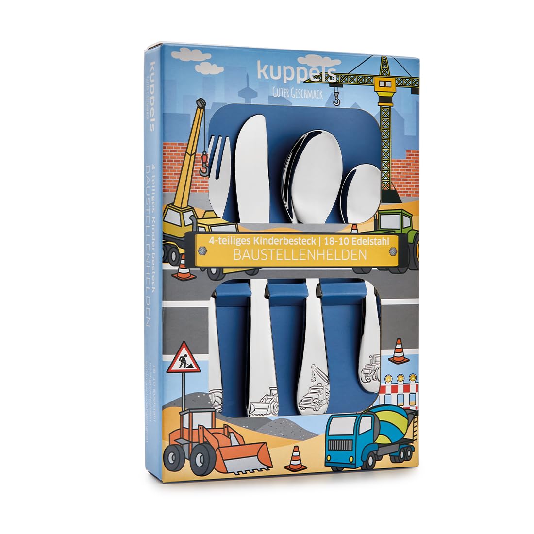 Kuppels Set di posate per bambini da cantiere, 4 pezzi, in confezione regalo, a partire dai 4 anni, in acciaio inox 18/10, forchetta e coltello, cucchiaio e cucchiaino, lavabile in lavastoviglie e