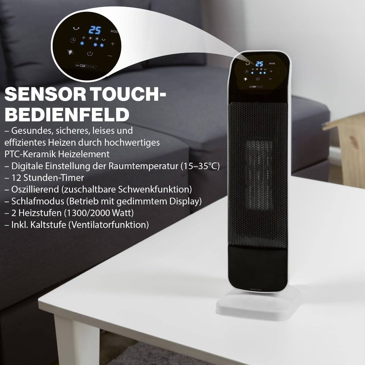 Clatronic Heizlüfter mit PTC-Keramik-Heizelement | 15-35 °C einstellbar | Ventilator kühlen | Keramik-Heizlüfter mit Sensor Touch-Bedienfeld | Einstellbare Raumtemperatur | HL 3763