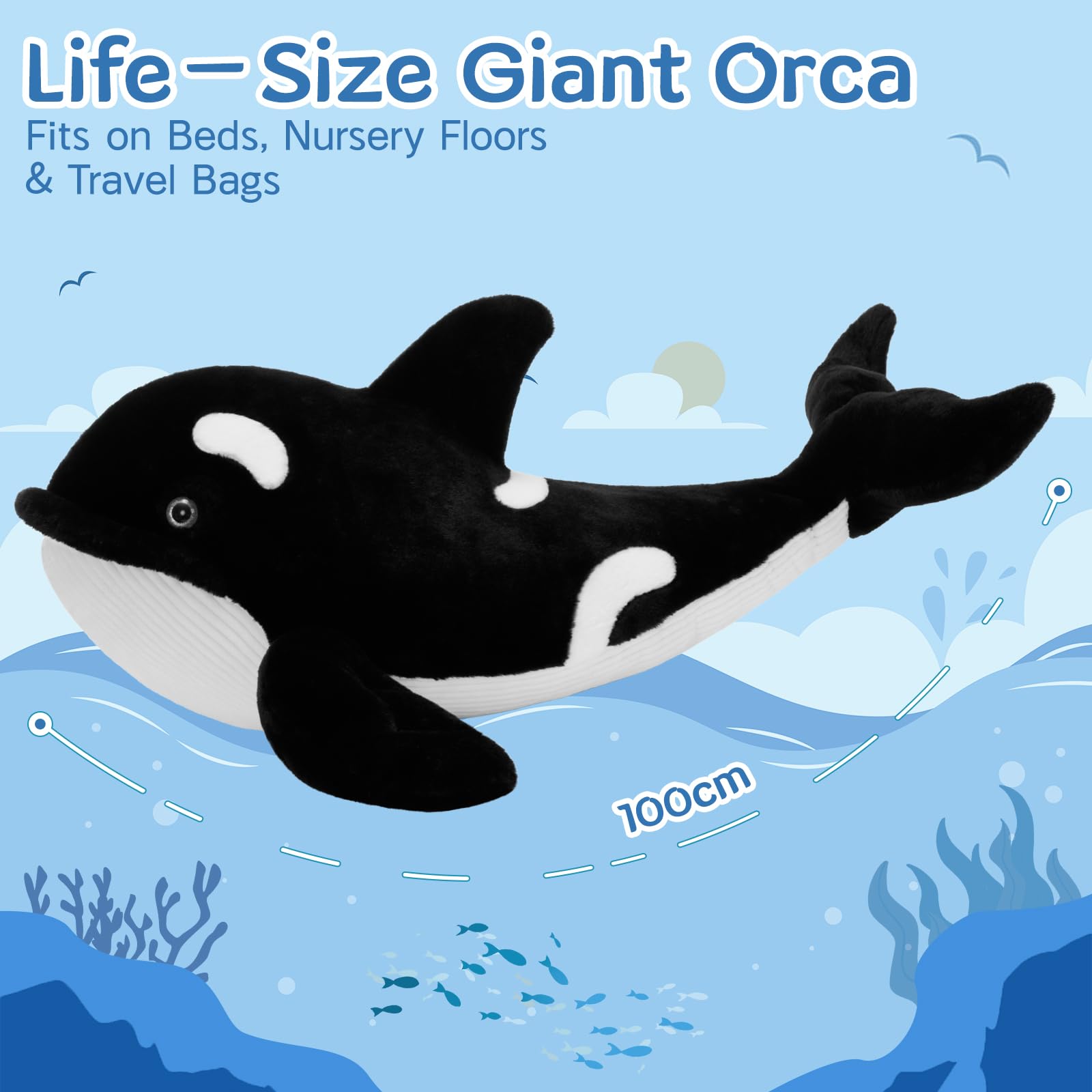 MaoGoLan 100cm lang Orca Kuscheltier XXL, weich riesen Orca stofftier plüschtier, Kinder Geburtstag Weihnachten Geschenk