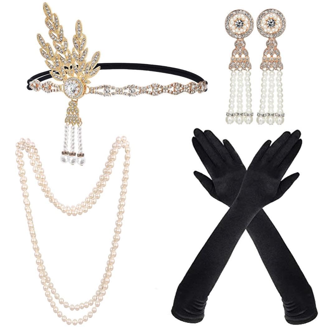 Meiruier 1920 Accessories Set, 1920s Fashion Headband Holder Long Gloves Pearl Necklace Great Gatsby Accessories for Women,Ladies Charleston Fancy Set