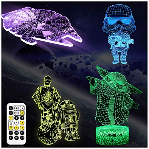 AOEVI Star Wars Gifts, Star Wars Toys 3D Illusion Night Light for Boys Men Fans Father Brorther, 7 Colours Changing and Remote & Timer, Starwars Lamp Room Decor and Birthday Gifts (4 Patterns)