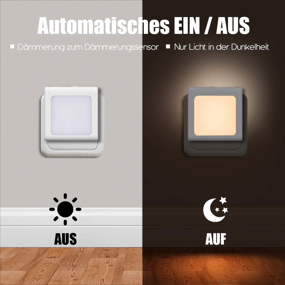 Presa di Luce Notturna con Sensore Crepuscolare, Emotionlite Luce Notturna Bambini, Luminosità Regolabile in modo continuo Molto bene per la camera dei bambini,corridoio,Bianco caldo, 4 pezzi