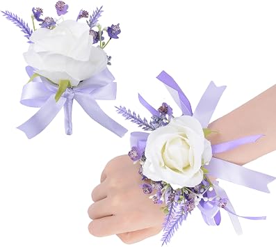 2 Pcs Purple Ribbon White Rose Corsage Wrist Flower, Artificial Wrist Corsage Boutonniere Set for Bridal Wedding Party or Graduation Prom