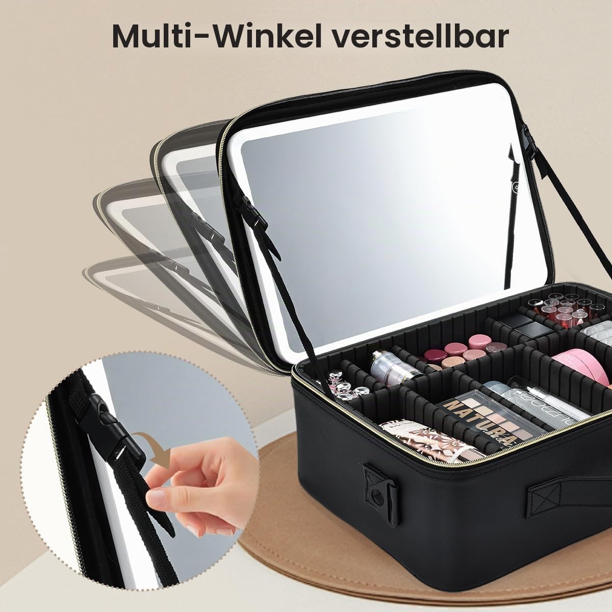 Kosmetiktasche Große Make up Tasche Schminkkoffer mit Beleuchtetem Spiegel-3 Farben LED Licht Schminktasche Damen Kosmetikkoffer Make up Koffer,Schwarz