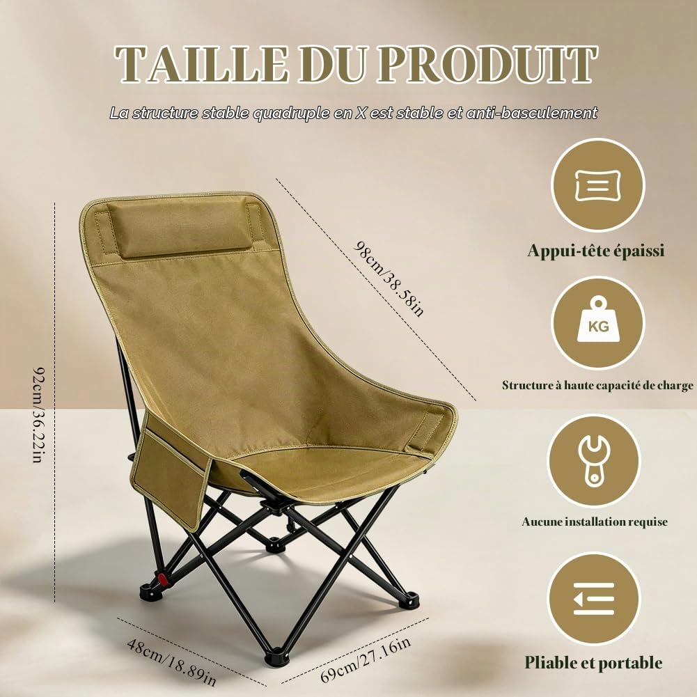 Chaise de camping pliable à dossier haut - 150 kg - Légère avec poches latérales - Dossier portable - Chaise de camping - Chaise de pêche - Chaise de plage - Pour extérieur, randonnée, jardin