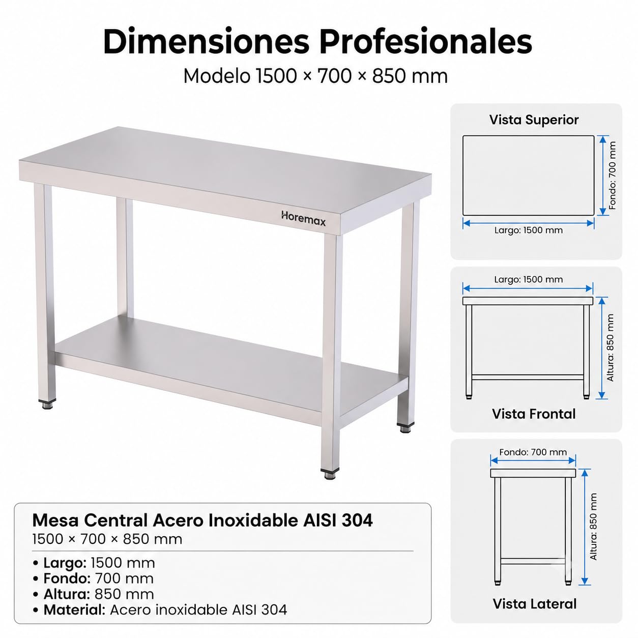 Mesa de Trabajo Central para Cocina Profesional, Acero Inoxidable AISI 304, Estante Inferior y Patas Regulables, 150 x 70 x 85 cm