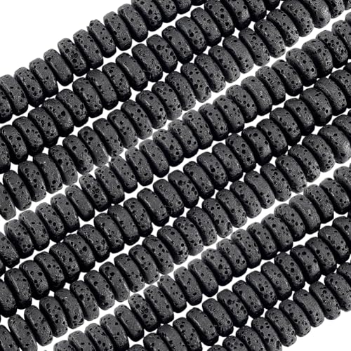PONABEADIY 1 Box 4 Strands Lava Rock Stone Beads with Hole Natural Black Flat Round Volcanic Gemstone Oil Diffuser Loose Spacer Bead Bulk for Jewellery Making Bracelets Necklace Diy Crafts Supply