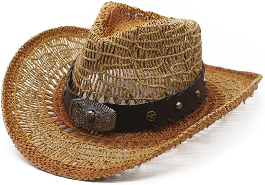Western Cowboy Hat, White Straw with Brown Band, Decorative Buckle and Studs