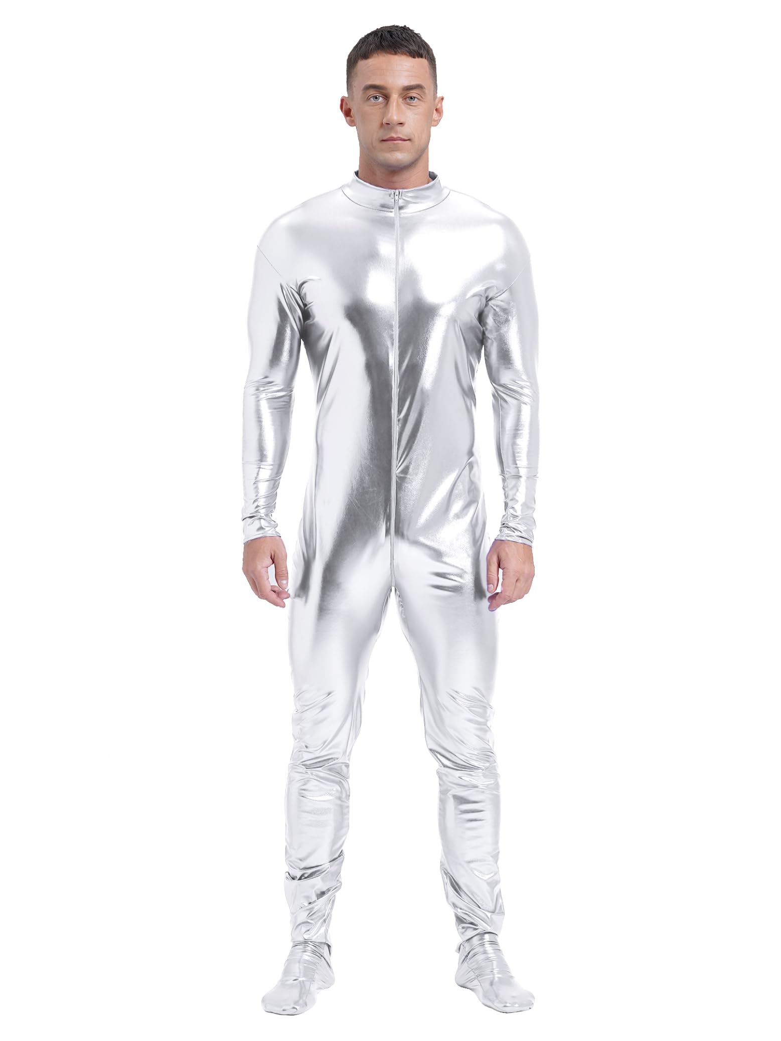 Uomo Body Danza Metallico Body Unitard Maniche Lunghe Bodysuit Ginnastica Spettacolo