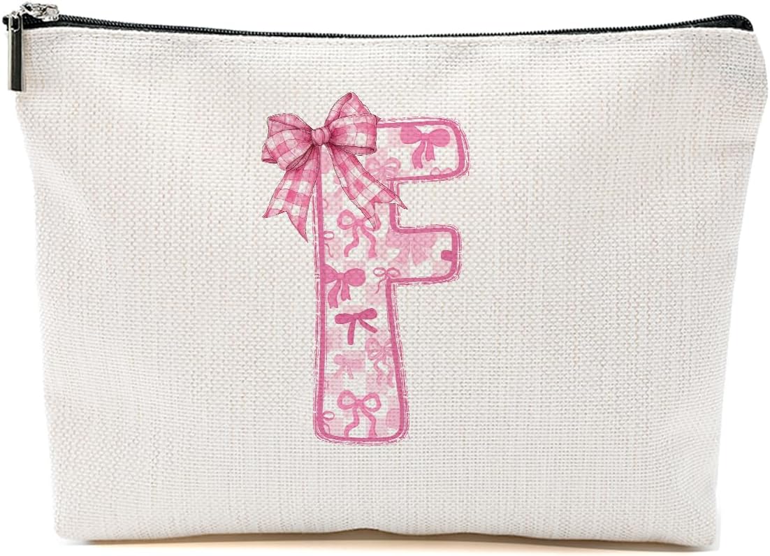 Pink Bow F, Alphabet Makeup Bag for Women, Washable Travel Organizer Toiletry Cosmetic Bag, Coquette Bow Letter Pattern Large Capacity Makeup Pouch with Zipper, Christmas Gifts for Women