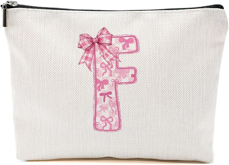 Pink Bow F, Alphabet Makeup Bag for Women, Personalized Gifts for Women