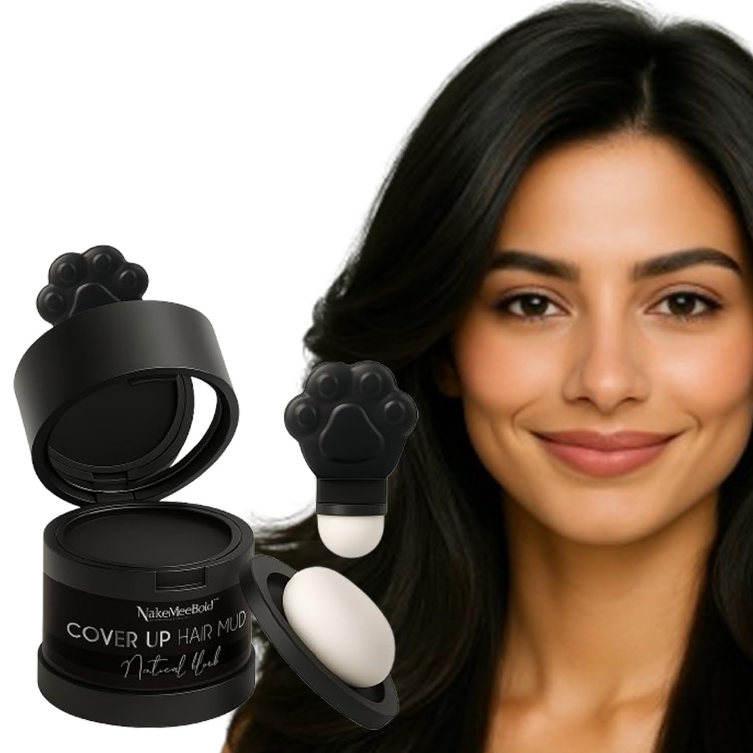 MakeMeeBold Cover Up Hair Mud – Natural Black Hair Powder – Instantly Conceals Hair Gaps, Bald Spots & Grey Roots – Dual Puff Applicator – Talc-Free, No Fragrance