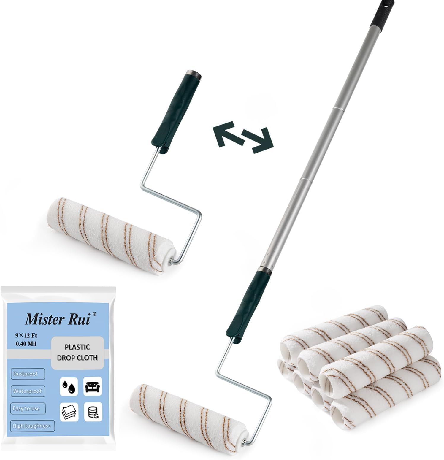 Paint Roller 9 Inch (230MM) with Extension Pole, Extendable Paint Roller, Protection Film, for Painting on Smooth and Semi-Rough Surface