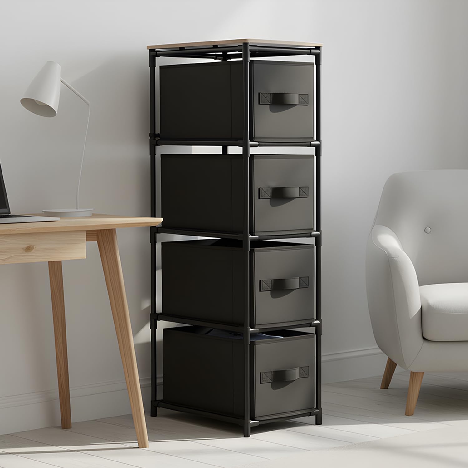 Slim Fabric Chest of 4 Drawers, Iron Frame & MDF Top – Compact Storage Dresser for Clothes, Bedroom, Closet & Small Spaces – Black (30L x 47W x 90H CM)