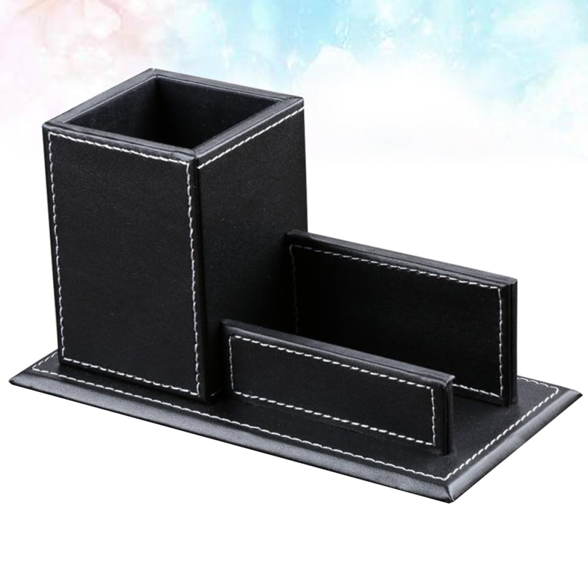 Portalápices de Cuero Sintético Negro Multifuncional Organizador de Escritorio y Soporte para Tarjetas de Negocios Expositor Compacto para Oficina y Materiales de Papelería