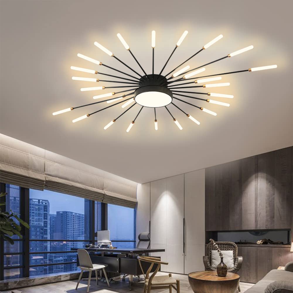 Led Ceiling Light Black 28 Lights 40W 4500K Natural Warm White Light Chandelier, Suitable for Living Room Bedroom Dining Room Children's Room Pendant Lamp Lamp Fireworks Design