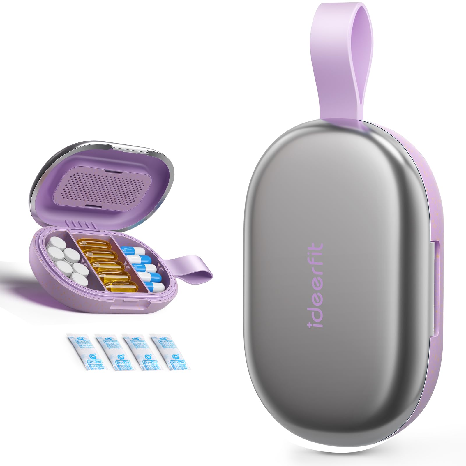 Ideerfit Purple Stylish Travel Pill Organizer, 1-Day Capacity,Portable Handle Pill Case, 3-6 Adjustable Compartments, Eco-Friendly Daily Pill Box for Pocket Purse