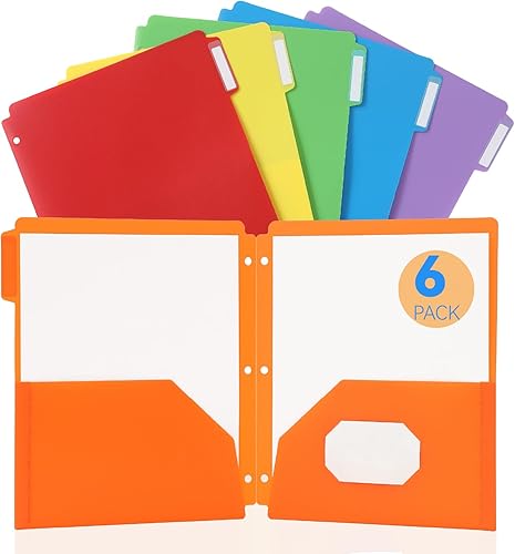 Carpetas de plástico con 3 agujeros perforados, paquete de 6, carpetas de colores para la escuela, pestañas innovadoras con etiquetas coloridas,