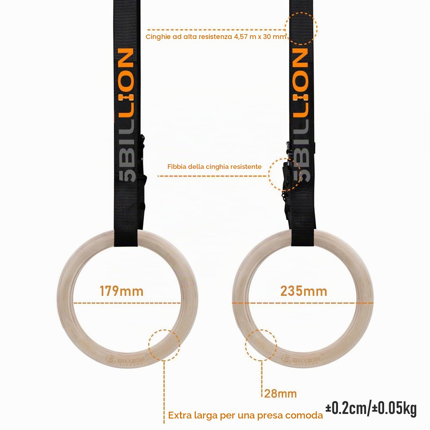 5BILLION Anelli Ginnastica Legno - Fitness Anelli Palestra con Regolabili Lunghi Fibbie Cinghie - Allenamento per Palestra di Casa & Fitness - Grande per Il Muscolo Up, Pull Up & Training Muscolare