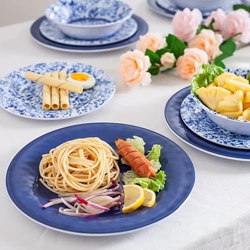 Miss Yip Melamine Dinnerware Set, 12 Piece, Service For 4, Floral Design, Colorful Plate Bowl Set, Lightweight #TOP5
