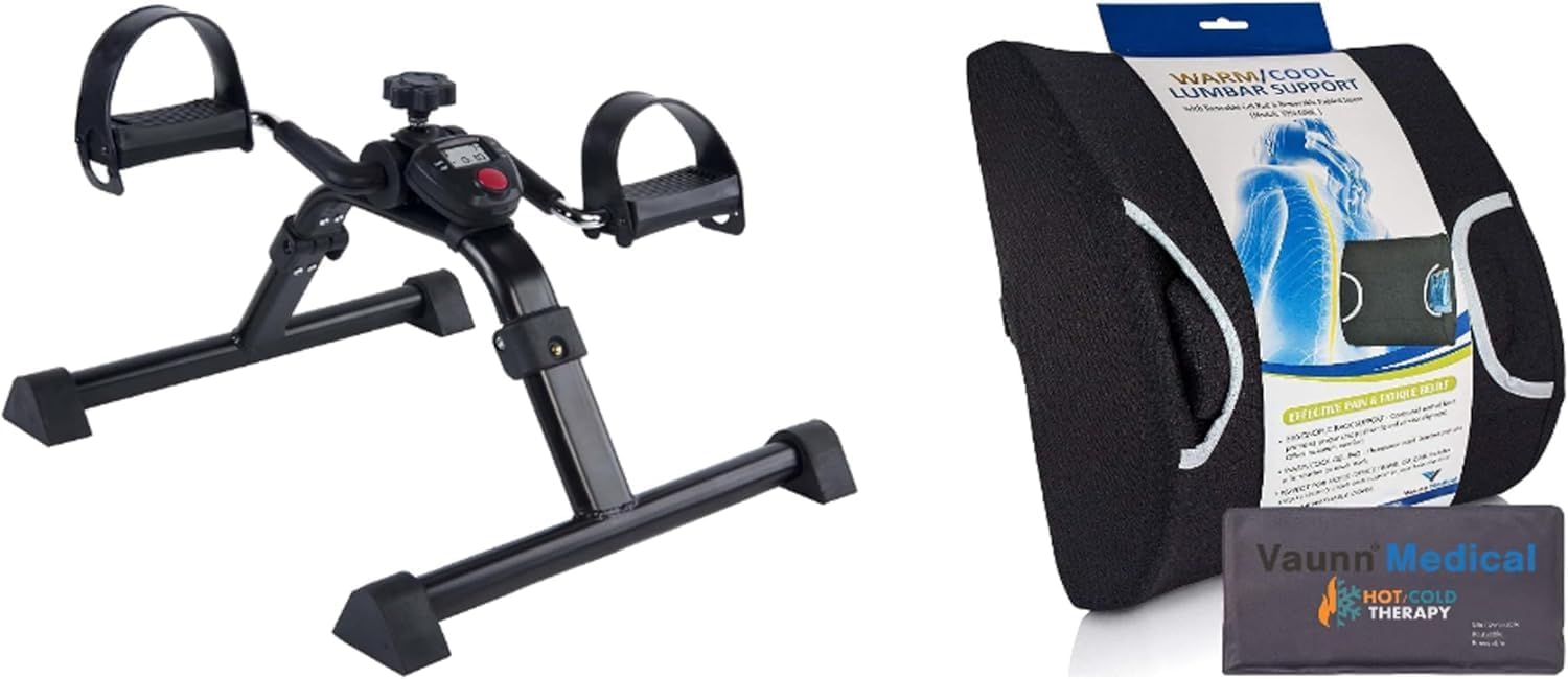 Vaunn Medical Under Desk Bike Pedal Exerciser with Electronic Display and Vaunn Medical Seat Cushion, Lumbar Support Pillow Bundle