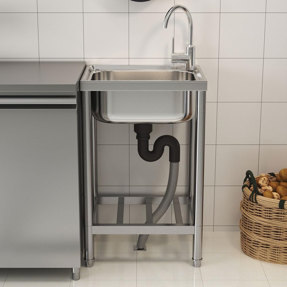 Freistehende Spüle Edelstahl Spültisch mit 43×33×18 cm Becken – Outdoor Waschbecken für Küche, Garten (Edelstahl Silber, 80 cm x 50 cm x 40 cm)