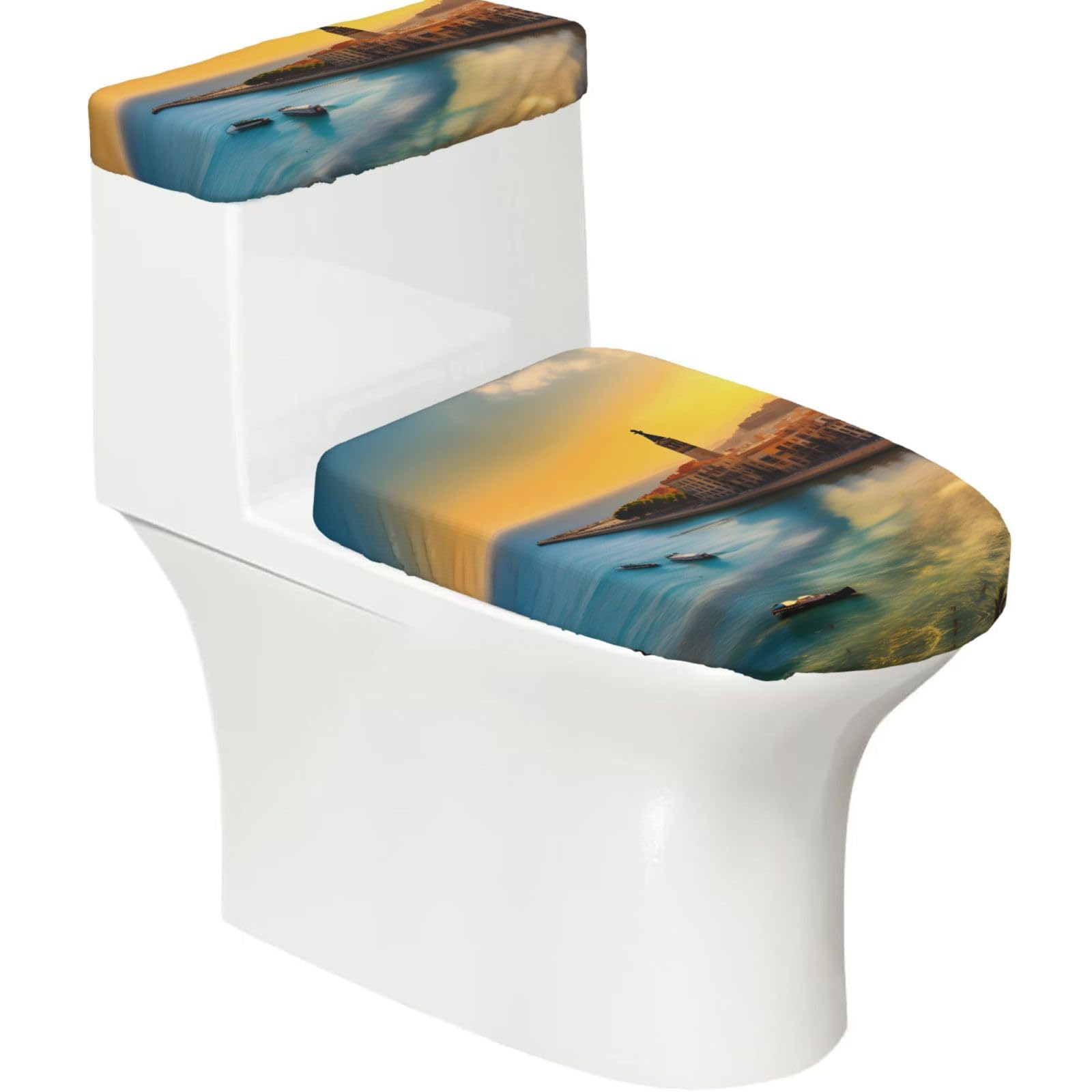 Cntdbu Black Sunset In Barcelona Stretchy Toilet Lid And Tank Cover Set-Soft Elastic Bathroom Decor For U Shape Oval