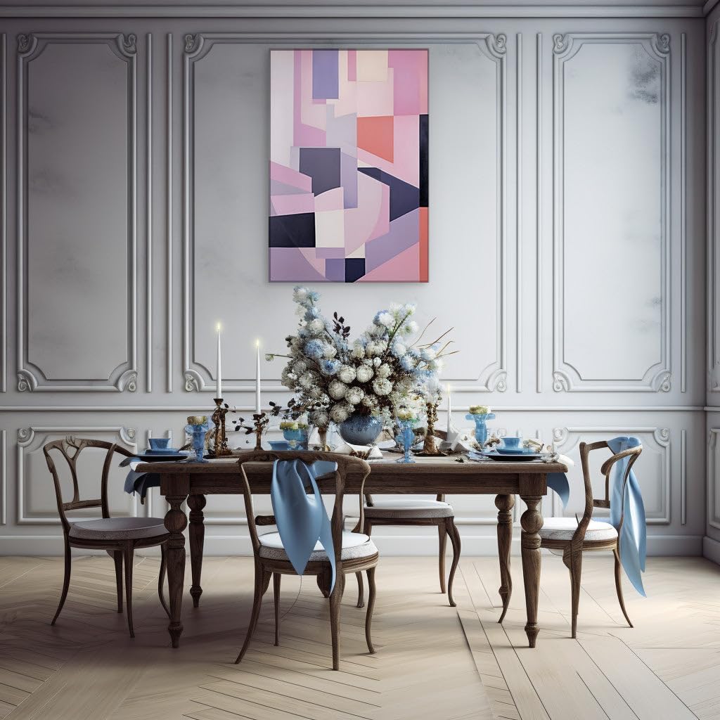 Canvas for Living Room. Geometric Symphony in Pink and Purple: A Dance of Shapes and Shades in Modernist Abstraction, 27 x 18 inch Canvas Wall Art - Ready to Hang