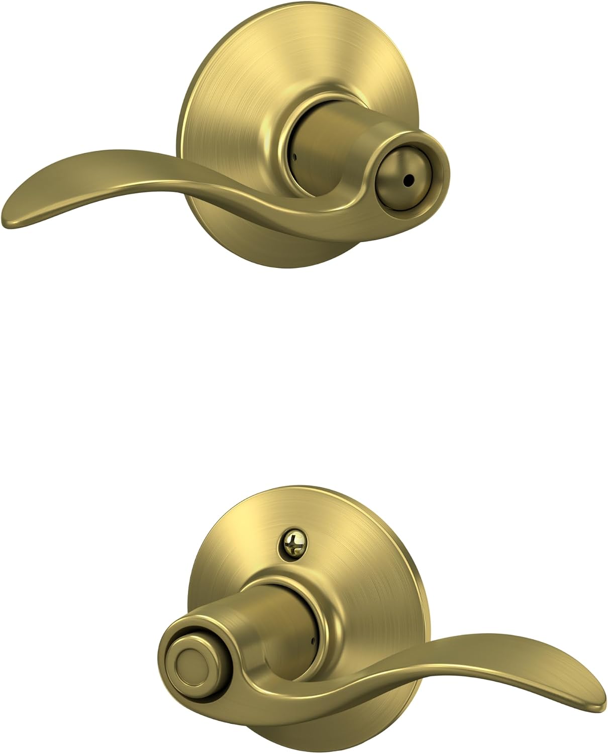 SCHLAGE Accent Bed/Bath Privacy Door Handle with Lock, Satin Brass | Interior bedroom or bathroom door lever with push button lock, Reversible, Easy install, Certified durability, Universal fit