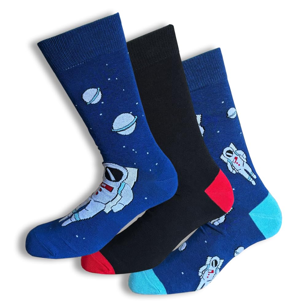 Men's Fun Astronaut Socks 3-Pack Space Explorer Designs with Planets Stylish Cozy Everyday Socks (7-11)