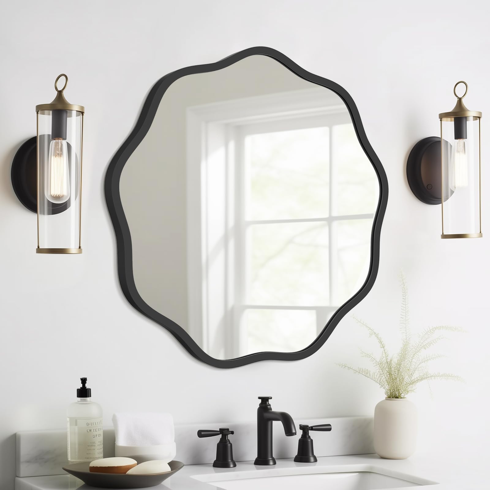 WallBeyond Round Wavy Mirror for Wall Decorative 20 inch, Modern Round Mirror Aluminum Frame for Bathroom Bedroom Living Room Home House Office Entryway, Black