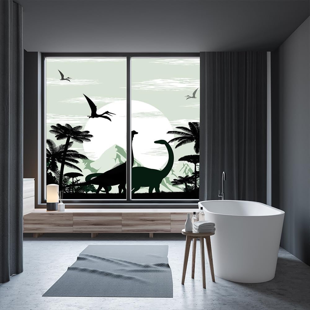 Brebasf Cartoon Dinosaur Silhouette Home Window Film Cute Dino Wildlife Jungle Forest Tropical Plants Suitable for Living Room,Kitchen,bathroom-23.6W x78.7L in x2Pcs