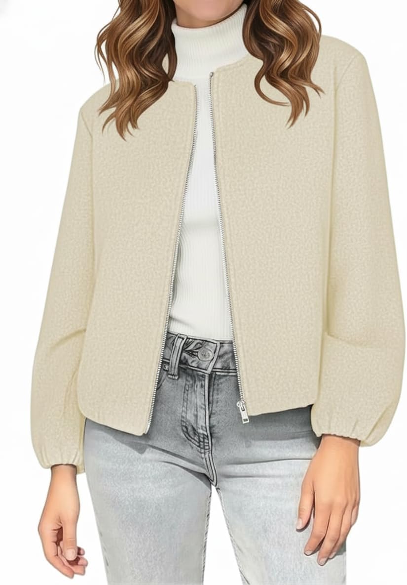 kipfall Womens Wool Blend Bomber Jackets Fall Winter Cropped Zip Up Coat Hoodless Outwear with Pockets