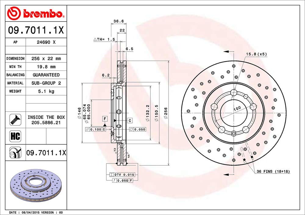 Brembo Xtra 09.7011.1X - Set di 2 Disco Freno Forato Anteriore, in Lega di acciaio