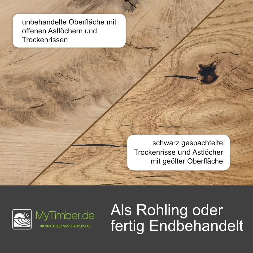 MyTimber® Waschtischplatte aus Eiche Massivholz | 4cm Starke Eichenbohlen | Ideal für Aufsatzwaschbecken | Baumkante oder gerade Kante (Baumkante - gespachtelt & geölt, 100x50cm)